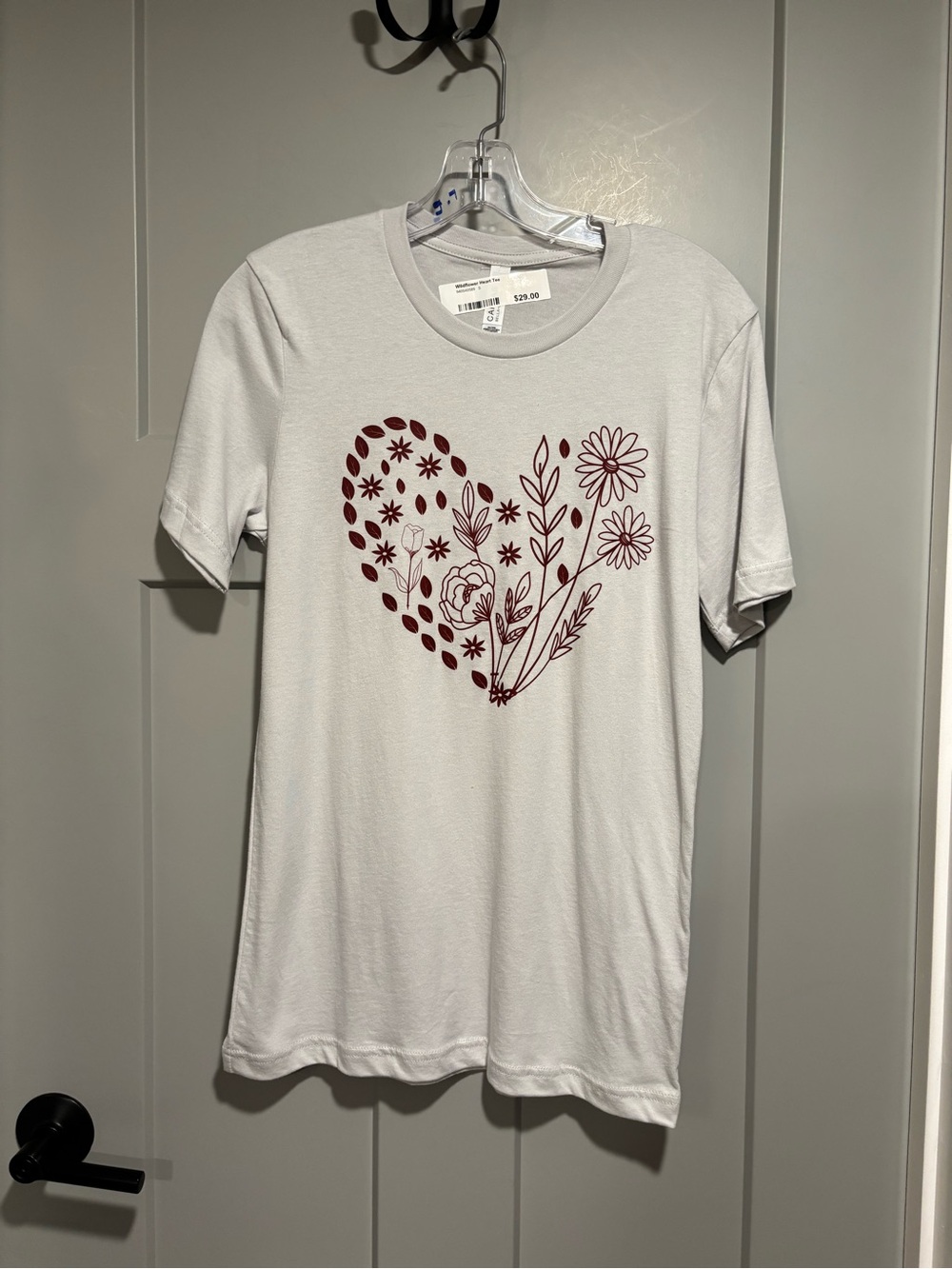 Women’s White Tee with Burgundy Floral Heart Graphic